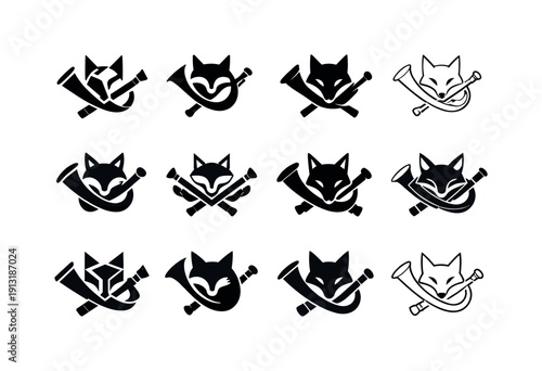 Fox hunting. Icon set. Set Logo of Fox hunting: bugle and hunting gear. harmonious logo variations of the same emblematic concept, each with