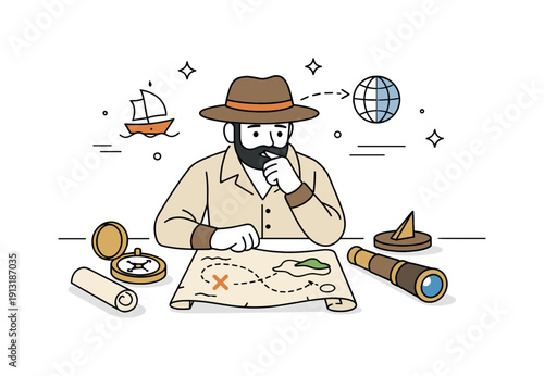 Famous explorers and navigation. An explorer studying maps and navigation tools like a compass and telescope on a simple desk. The scene