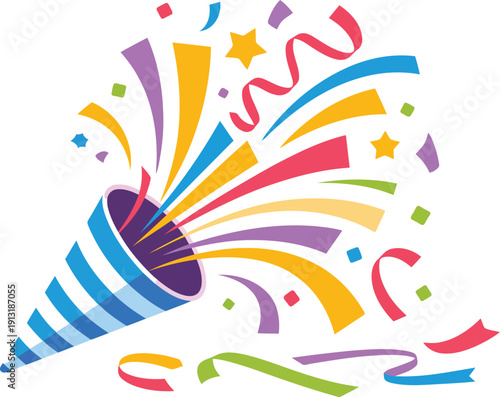 An enthusiastic party popper releasing a shower of bright confetti, streamers, and tiny stars for festivities