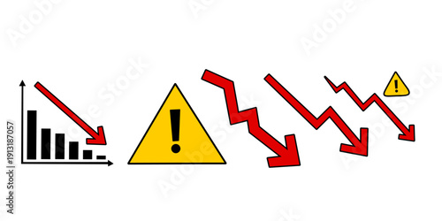Business Crisis and Financial Loss Concept with Downward Red Arrows and Warning Sign