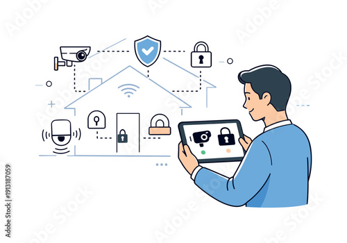Smart home security system. A homeowner checking a tablet with camera and lock icons, house silhouette in the background showing connected