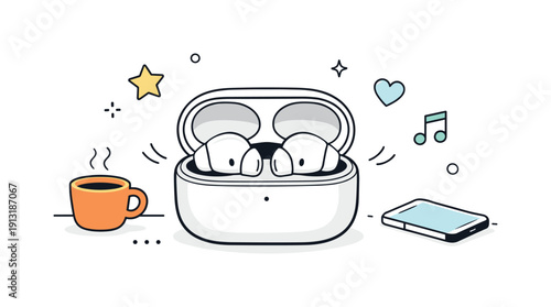 Wireless earbuds simplicity. Clean editorial scene showing wireless earbuds resting in an open charging case, soft curves and balanced