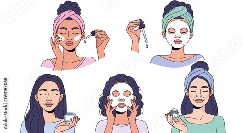 Step-by-Step Skincare Routine for Glowing Skin: Applying Serum, Face Mask, and Moisturizer.
