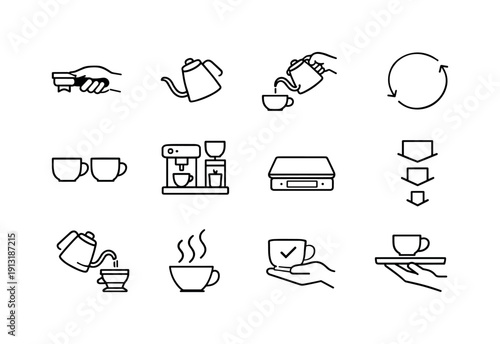 Barista Process. Line icon set of Barista Process: barista hand, kettle tilt, controlled pour, circular motion arrow, cup alignment, brew