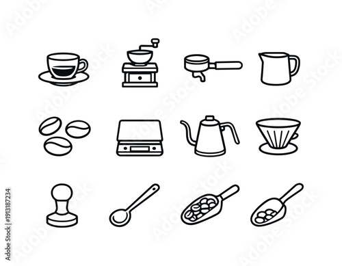 Artisan Coffee Icons. Artisan Coffee Experience. Line icon set of Artisan Coffee Experience: espresso shot, coffee grinder, portafilter, milk pitcher, latte