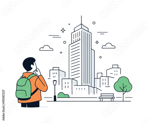 Urban architecture influence. Individual observing a tall building dominating the cityscape, thoughtful mood and visual impact. Simplified