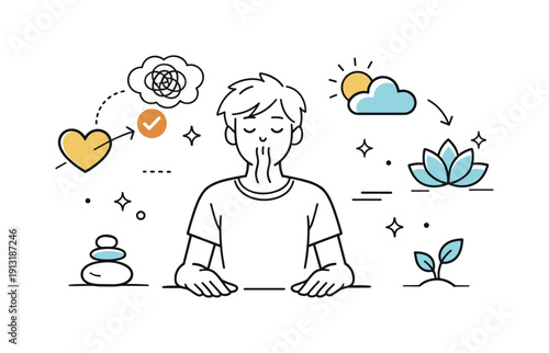 Coping with mental health challenges. A person taking a pause, breathing deeply, hands resting calmly, focused on grounding themselves.