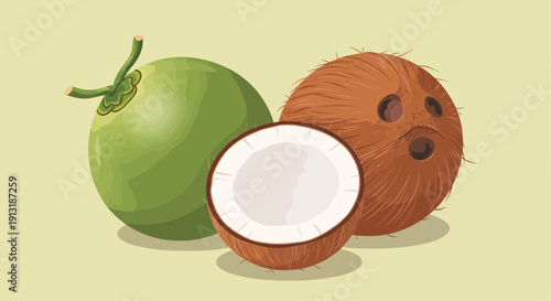 Freshly cut coconut and papaya halves showcasing their vibrant interiors