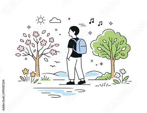 Mindfulness in nature spring. A peaceful outdoor scene with a person walking or standing quietly among trees, leaves, and blossoms. The