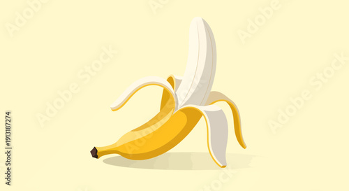A ripe banana with a partially peeled yellow skin on a light background