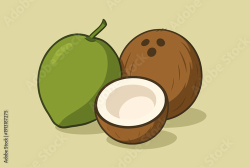 A split coconut revealing its creamy interior beside a whole green coconut.