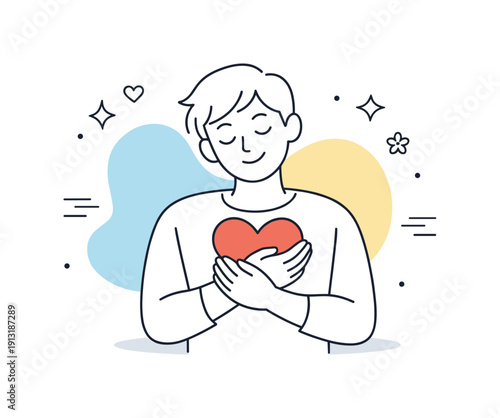 Self-love and emotional care. A person holding a heart symbol close, calm facial expression and relaxed body language. Soft abstract shapes