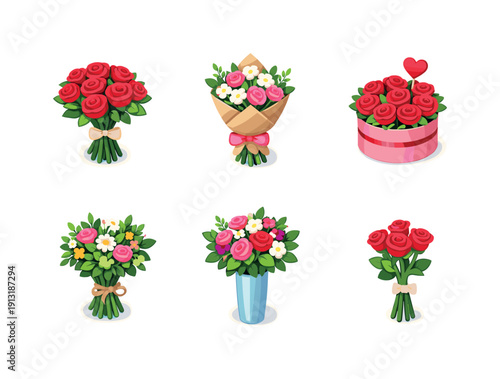 Floristry. Isometric flat vector icons set of Floristry: hand-tied roses bouquet, florist paper wrapped bouquet, decorative rose arrangement,