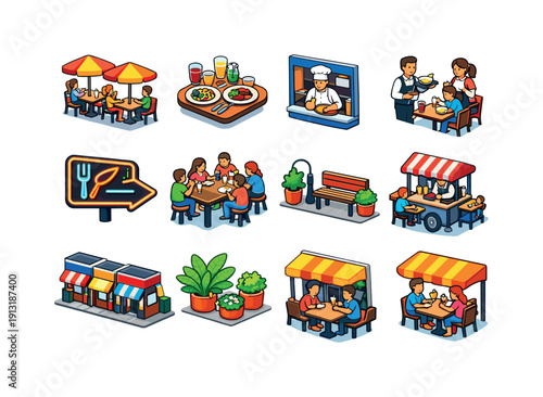 Street restaurants. Colorful isometric vector icons set of street restaurants: open terrace dining, plated dishes on table, people enjoying