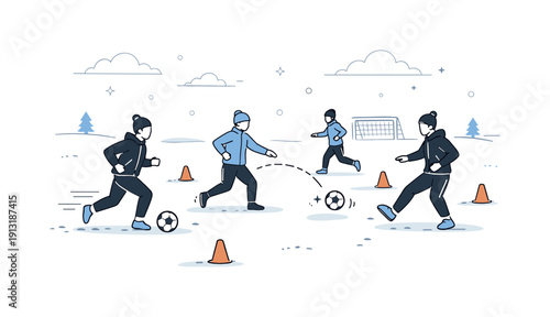 Snowy football practice drills illustration. Players running and passing footballs on a snow-covered field with cones and soft winter light,