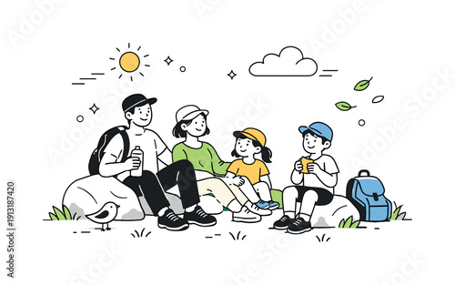 Outdoor family weekend. A relaxed scene of a family resting during a walk, sitting on rocks or grass, enjoying nature together. Slow pace,