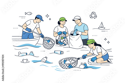 Ocean plastic cleanup initiative. Volunteers collecting plastic waste from the ocean surface, calm teamwork and shared purpose. Nets,