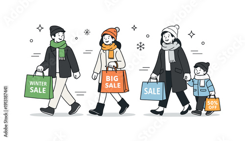 Winter Sale Shoppers. Seasonal discounts. People holding winter sale shopping bags while dressed in coats, scarves, and hats, walking comfortably. The scene