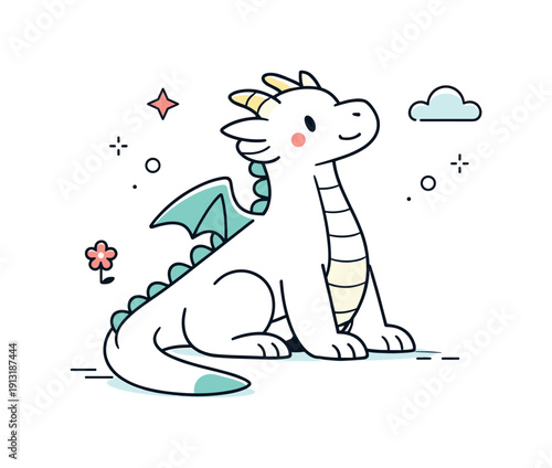 Gentle dragon character. A modern, non-threatening dragon standing or sitting peacefully, expressing curiosity, wisdom, and quiet strength.