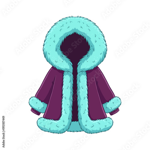 A stylish hooded garment featuring a blend of purple and teal hues with a fluffy trim.