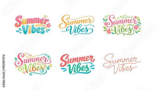Summer pastel mood phrase. Set lettering. harmonious lettering variations of the same emblematic concept, each with different artistic