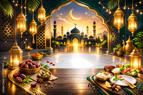 Ramadan Iftar Table with Dates and Traditional Food Under Lanterns and Crescent Moon