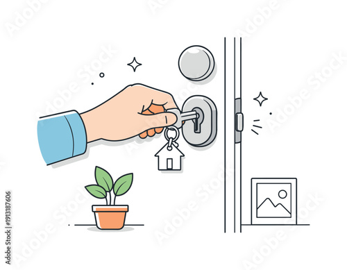 Making sure the front door is locked. A person gently turning the key in a front door lock, calm everyday safety moment. Editorial scene