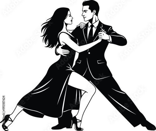 Elegant couple in black and white silhouette dancing tango, passionate ballroom dance performance isolated on white background for design.