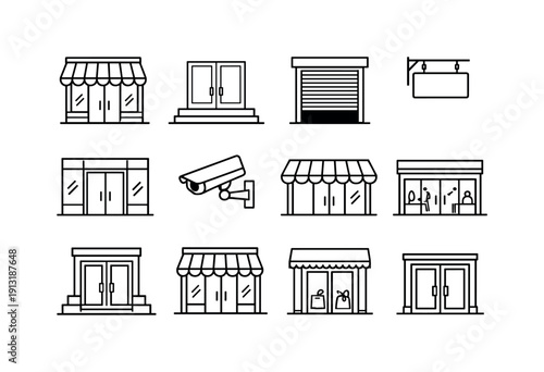 Urban Grocery Entrance. Line icon set of Urban Grocery Entrance: city storefront, sidewalk entrance, roll-up door frame, street signage,