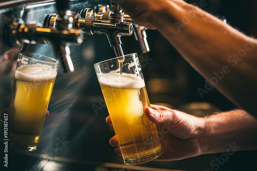 Fresh golden beer being poured into frosty glass at modern bar with shiny tap system and warm lighting