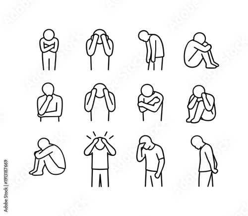 Emotional Human Posture. Line icon set of Emotional Human Posture: vulnerable standing pose, emotional body language, expressive posture,
