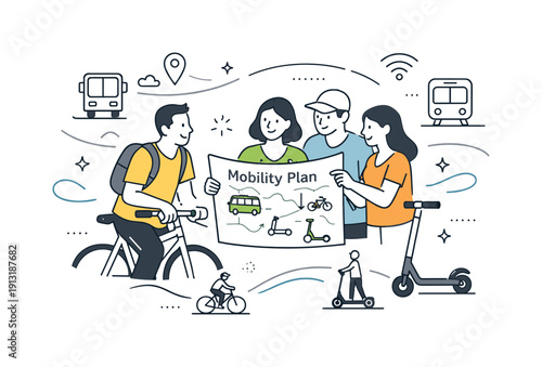 Sustainable urban mobility. People using bicycles, electric scooters, and public transport icons, reviewing a mobility plan together.