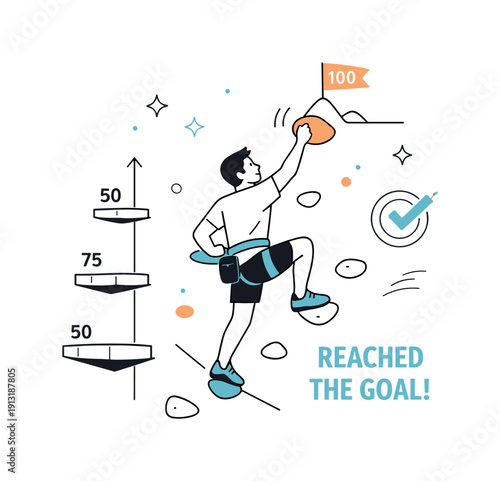 Pushing personal limits. Rock climber reaching a milestone hold, showing determination and calm progress. Abstract height indicators and soft