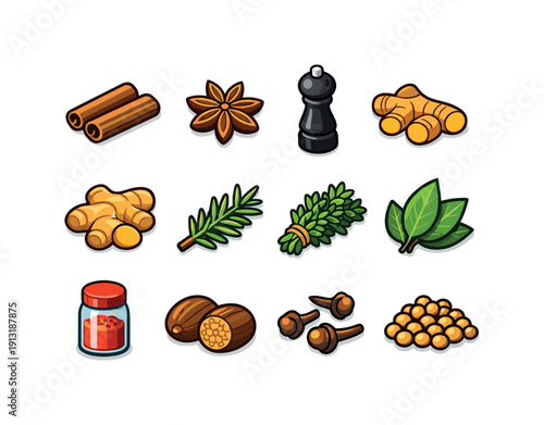 Colorful Herb Icons. Spices and herbs. Colorful isometric vector icons set of spices and herbs: cinnamon sticks, star anise, black pepper grinder, turmeric