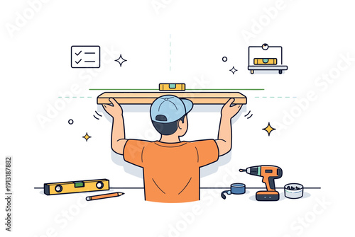 Floating Shelves Installation. Installing floating shelves. Editorial scene of a person calmly hanging floating shelves on a wall, simple tools and alignment