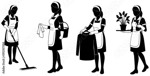 Vector, black, silhouette, set, of, professional, housemaids, performing, cleaning, tasks, like, mopping, laundry, and, watering, plants, for, hospitality, and, domestic, service, design (24 words)