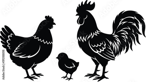 Minimalist black and white vector silhouette of a rooster hen and small chick poultry family representing organic farming livestock and countryside rural life.