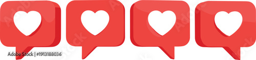 Social Media Love Heart Icon Set with Red Speech Bubble Notifications and 3D Like Buttons for Digital Marketing App