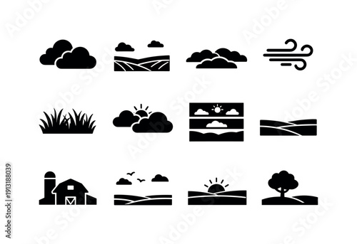 Open Field Weather. Solid icon set of Open Field Weather: cloudy weather icon, field expanse, low clouds, wind lines, grass texture, sky