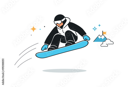 Airborne Snowboard Elegance. Extreme sports achievement. Snowboarder captured mid-air in a clean, simplified jump, expressing control and focus rather than