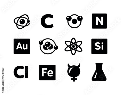 Chemical elements. Solid icon set of chemical elements: hydrogen atom, carbon symbol, oxygen element, nitrogen square, gold element icon,