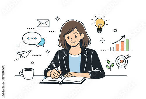 Professional development moment. A focused individual taking notes during a workshop, surrounded by abstract symbols of communication and