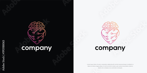 Brain and Heart Line Art Logo Design for Mental Health Emotional Balance Wellness Mind-Body Connecti.