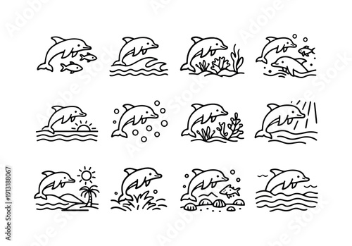 Dolphin Icon Collection. Ocean life dolphin theme. Line icon set of Ocean life dolphin theme: dolphin and fish, dolphin and waves, dolphin coral reef, dolphin