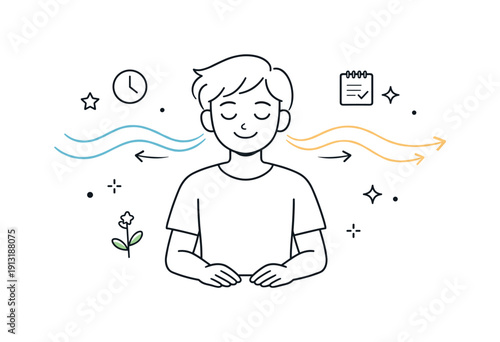 Stress relief breathing. A simple character practicing breathing exercises after a busy day, shoulders relaxed, calm facial expression.