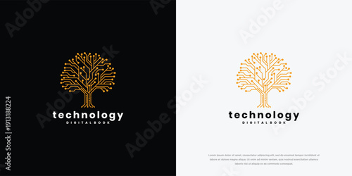 Technology Tree Logo Design with Digital Roots AI Data Network Concept.
