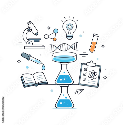 Scientific equipment. An abstract scene of laboratory tools floating in balance, representing innovation and discovery. Airy editorial