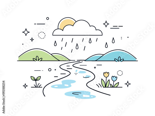 Spring rain serenity. A simple landscape with a wet path leading forward under a calm rainy sky. Renewal, softness, and quiet optimism with