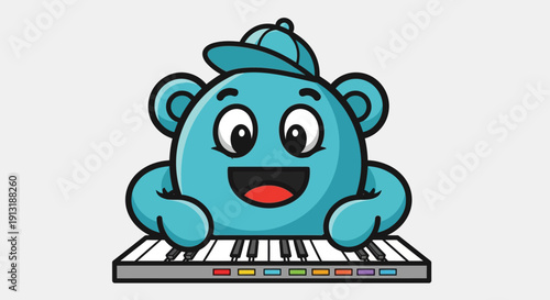 Blue bear on keyboard smiling.