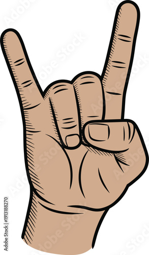 Hand Showing Rock and Roll Gesture with Two Fingers Up, Vintage Engraved Style Vector Illustration Isolated on White Background for Music and Freedom Concept
